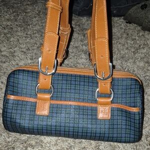 Vintage Ralph Lauren Blue Plaid Bag with Brown Leather Barrel Kind Of